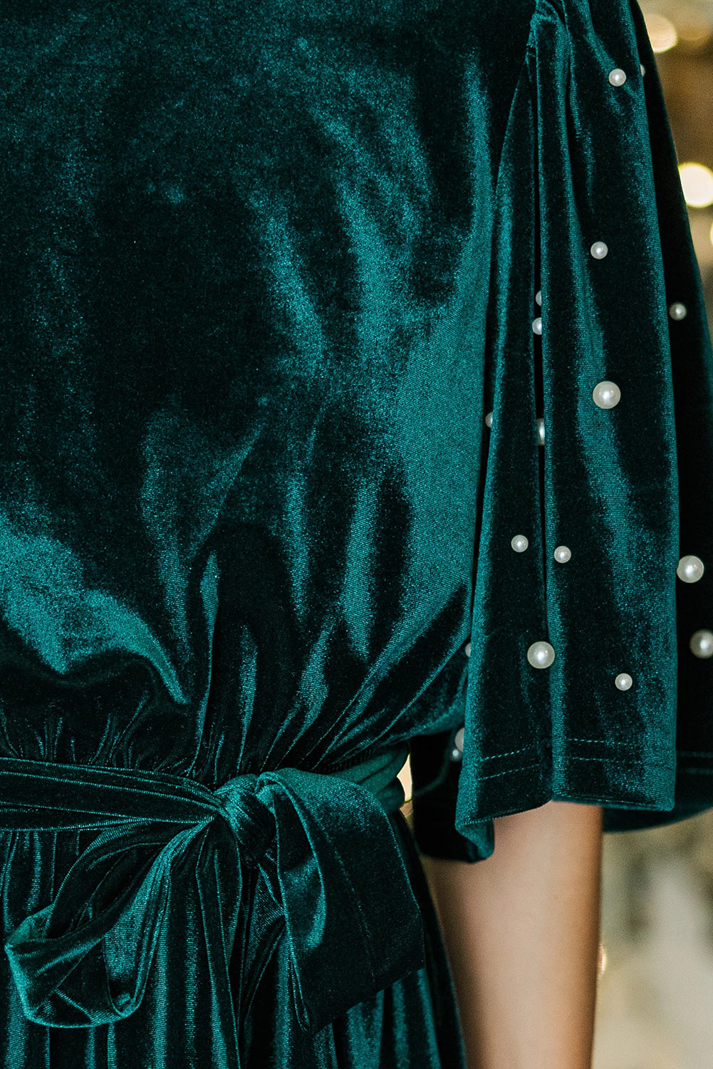 Evergreen Pearl Beading Half Sleeve Mock Neck Belted Velvet Mini Dress