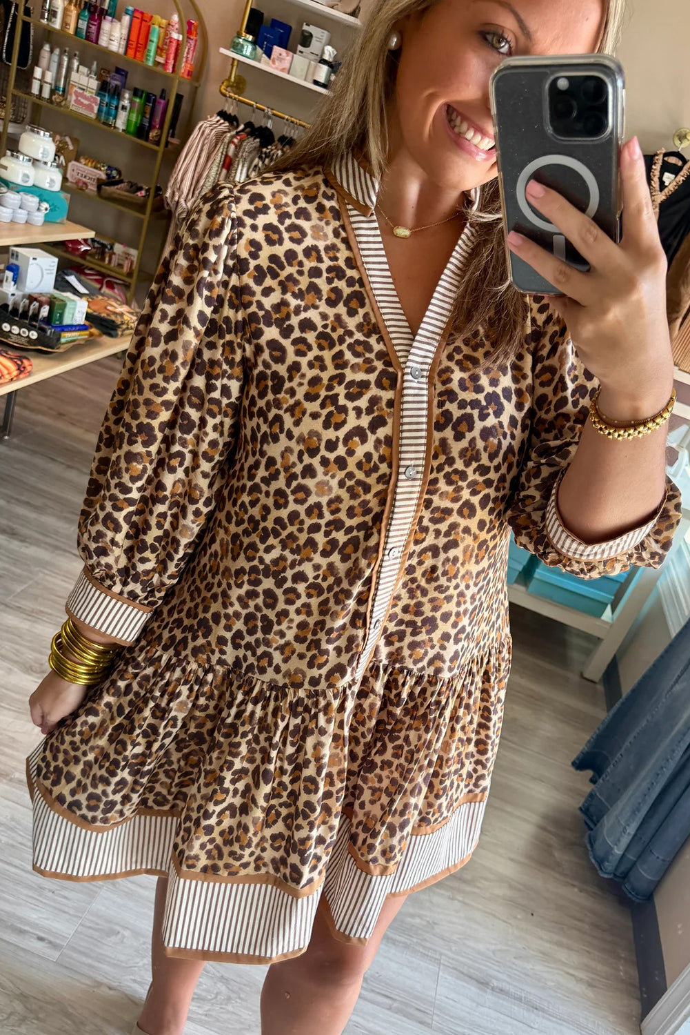 Khaki Leopard Print Striped Patchwork V Neck Button Front 3/4 Sleeve Mini Dress