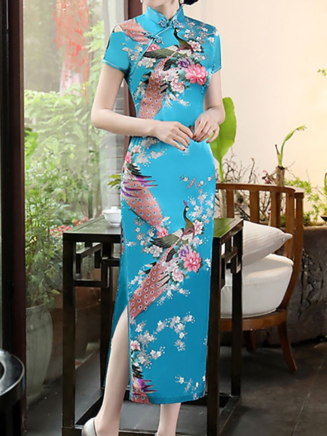 Women's Dress - Cheongsam Floral Mandarin Collar Chinoiserie Dress Long Dress Maxi Dress Light Pink Black Blue Short Sleeve Spring Summer Weekend S M L XL XXL 3XL 4XL 5XL 6XL