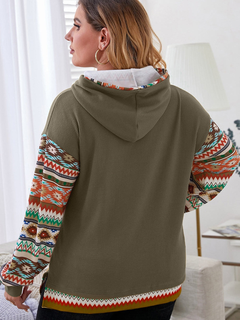 Jungle Green Aztec Patchwork Sleeve Waffle Drawstring Plus Hoodie