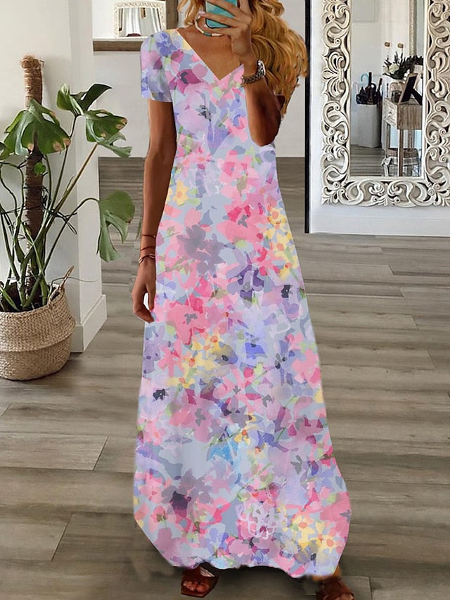 Women's Dress - Long Dress Maxi Dress Casual Dress Print Dress Graphic Floral Fashion Modern Daily Holiday Vacation Short Sleeve V Neck Dress Regular Fit White Pink Wine Summer Spring S M L XL 2XL 3XL 4XL 5XL