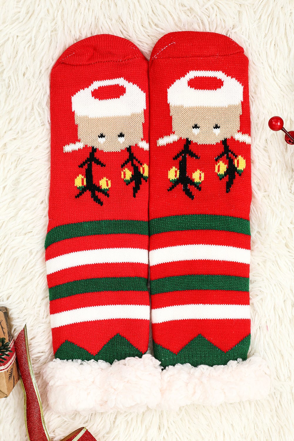 Festive Christmas Cartoon Pattern Woolen Knit Socks in Vibrant Red