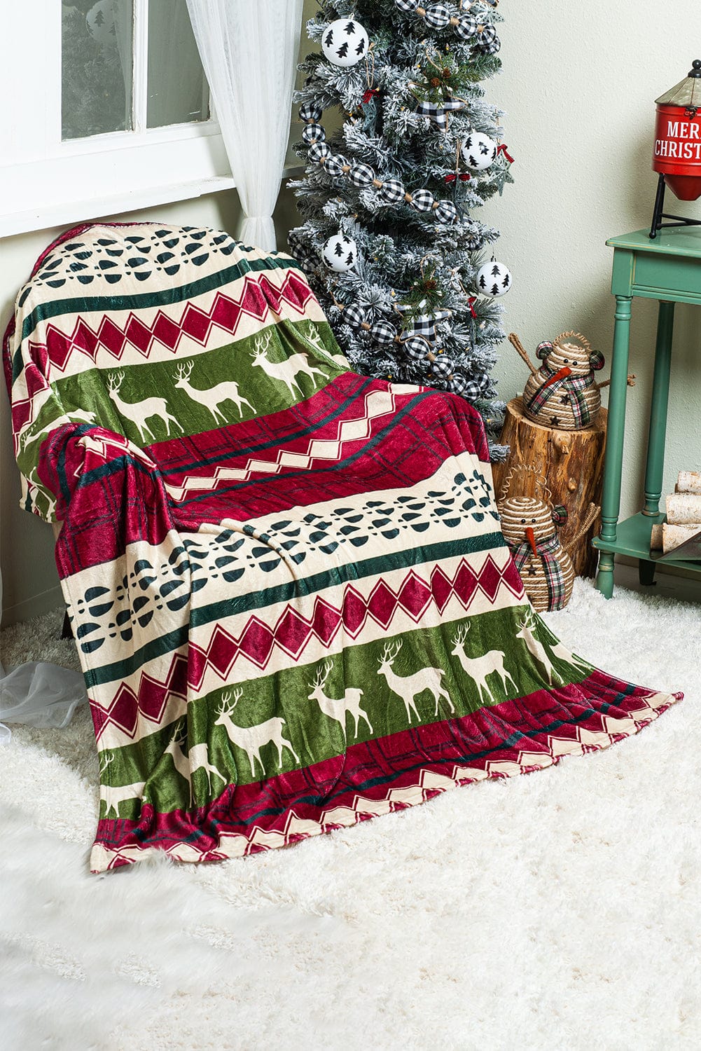 Festive Elk Design Double-Sided Sherpa Fleece Throw 130*150cm