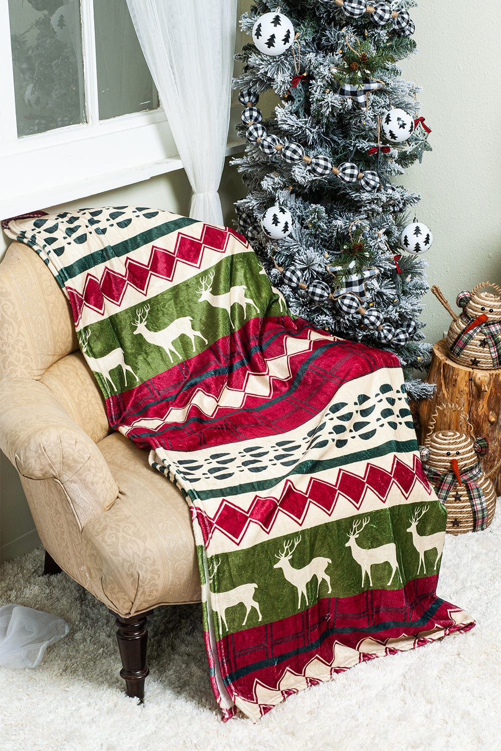 Festive Elk Design Double-Sided Sherpa Fleece Throw 130*150cm