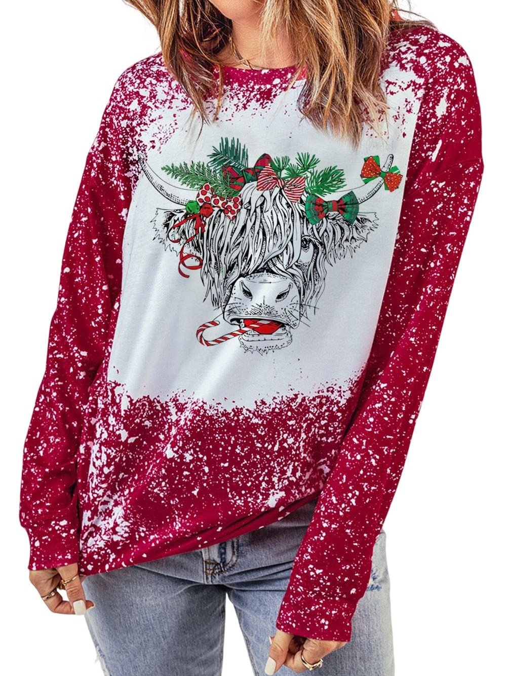 Festive Holiday Cow Print Red Tie-Dye Sweatshirt