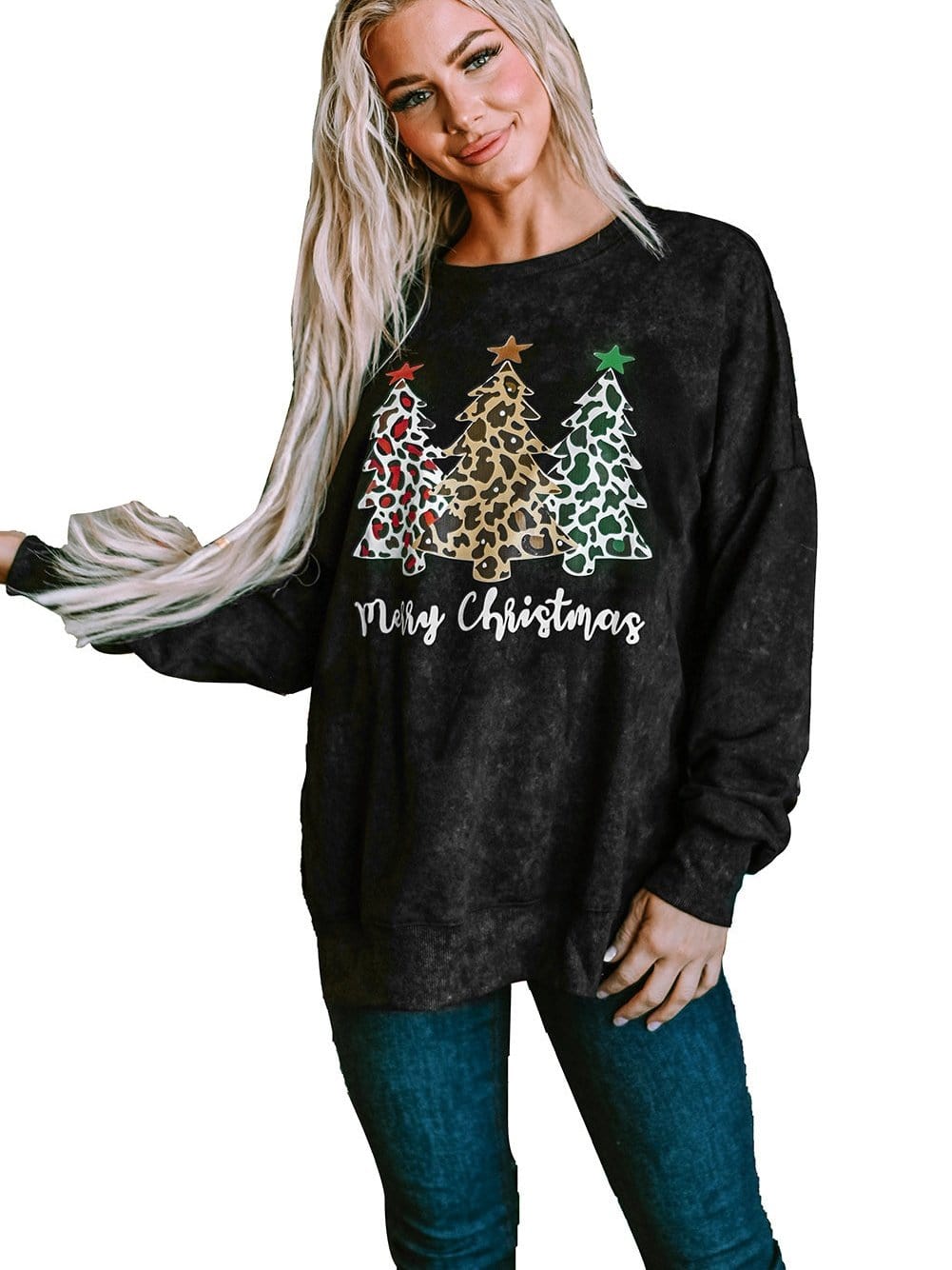 Festive Leopard Print Black Sweatshirt with Merry Christmas Trees