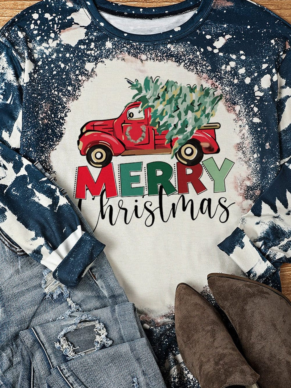 Festive MERRY Christmas Tie-Dye Graphic Long Sleeve Top