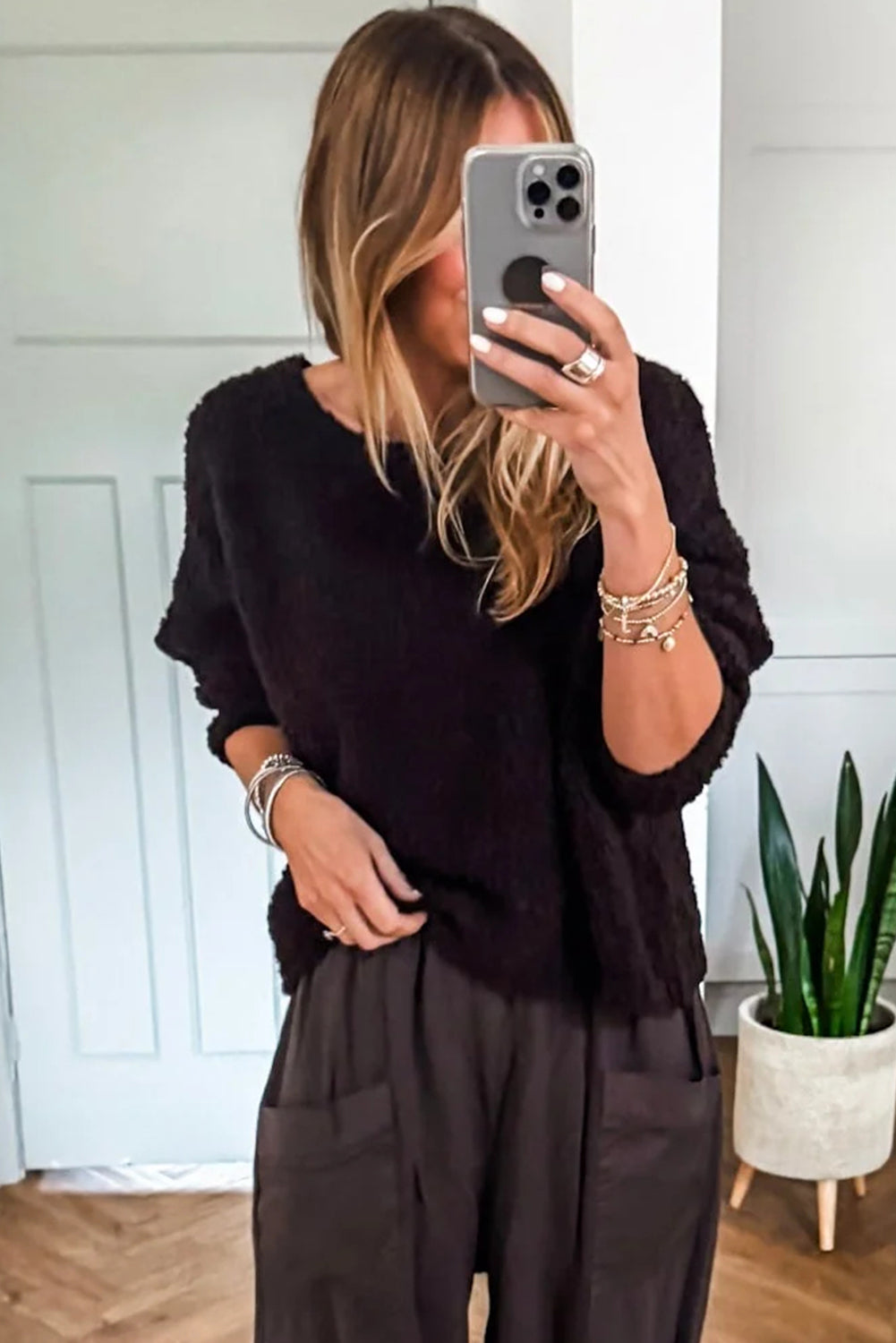 Black Round Neck Fuzzy Knit Drop Shoulder Loose Sweater