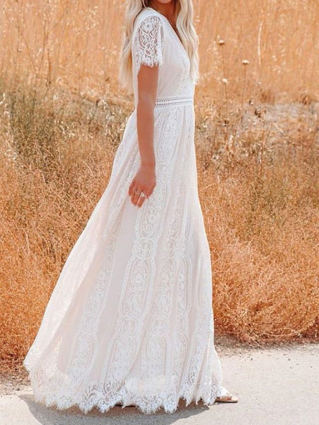 Women's Dress - Party Dress Lace Dress White Dress Long Dress Maxi Dress White Pink Half Sleeve Pure Color Lace Spring Summer V Neck Elegant Party 2023 S M L XL XXL