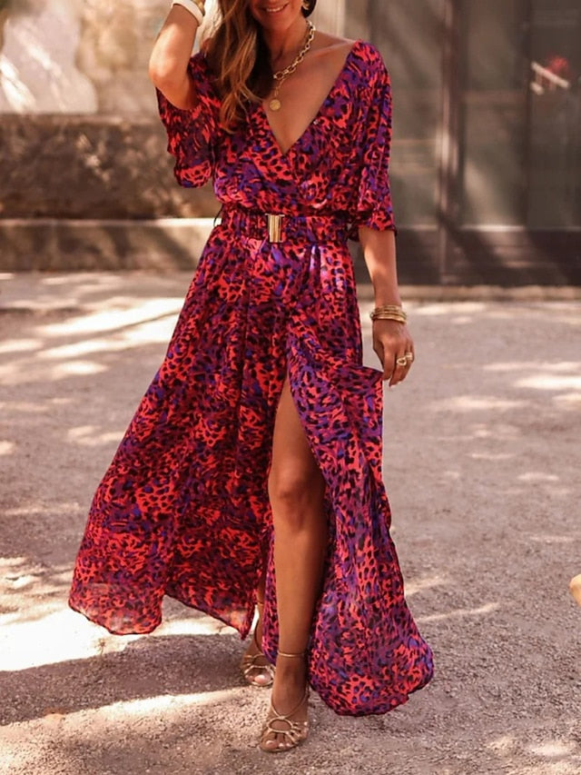 Women's Dress - Long Dress Maxi Dress Casual Dress Floral Dress Boho Dress Floral Casual Outdoor Daily Going out Lace up Split Long Sleeve V Neck Dress Loose Fit Black Red Green Fall Spring S M L XL XXL