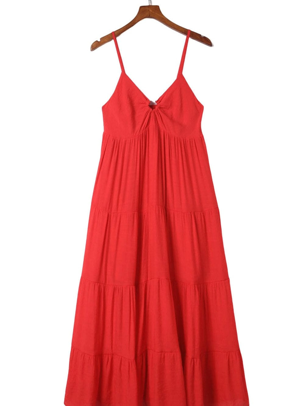 Fiery Red Boho Chic Tiered Maxi Dress with O-ring Detail