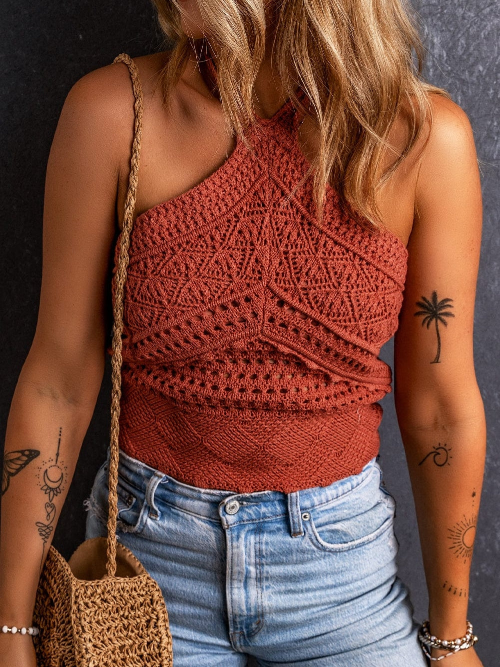 Fiery Red Crochet Halter Neck Open Back Tank Top