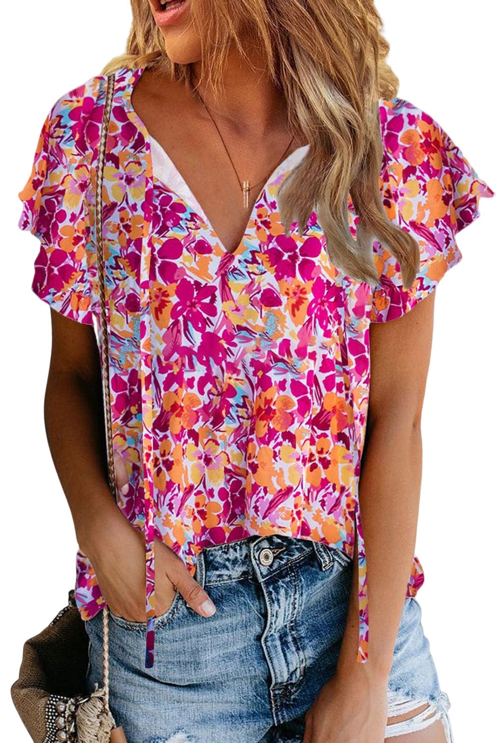Fiery Red Floral Print Top with Flutter Sleeves