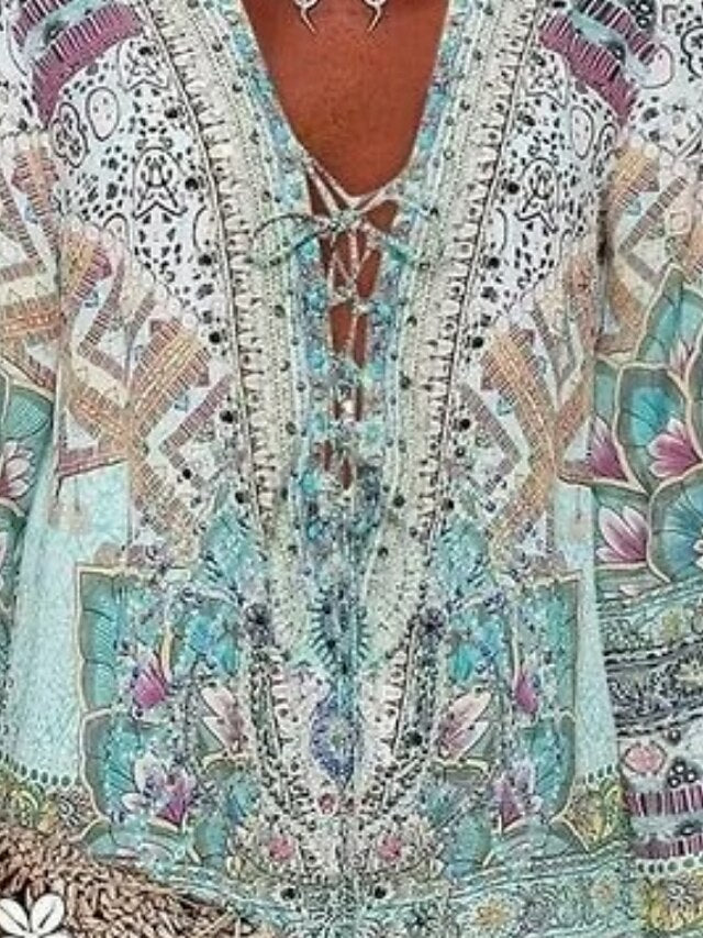 Women's Dress - Casual Dress Ethnic Dress Shift Dress Mini Dress Light Blue Long Sleeve Floral Lace up Spring Fall Winter V Neck Fashion Winter Dress Vacation Fall Dress 2023 S M L XL 2XL 3XL