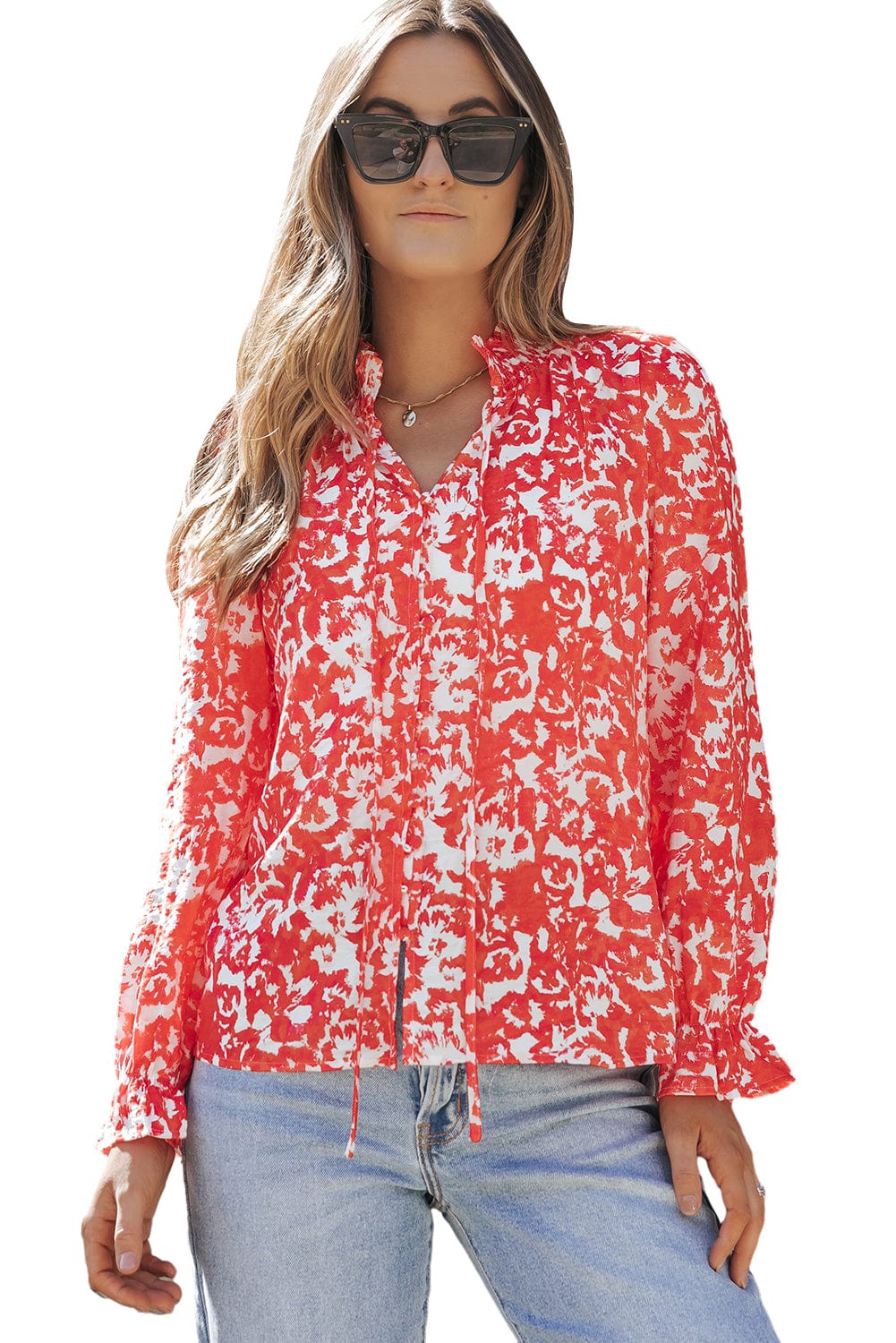 Flaming Crimson Blossom Ruffle Trimmed V-Neck Top