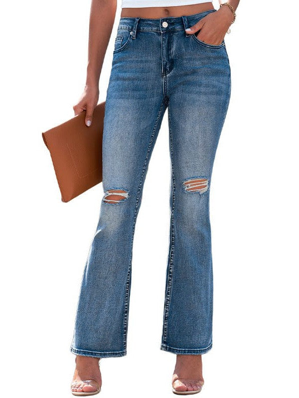 Flared High Waist Ripped Denim Jeans for Women