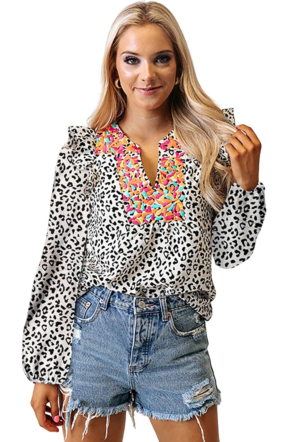 Floral Black Leopard Print Ruffle Sleeve V Neck Blouse