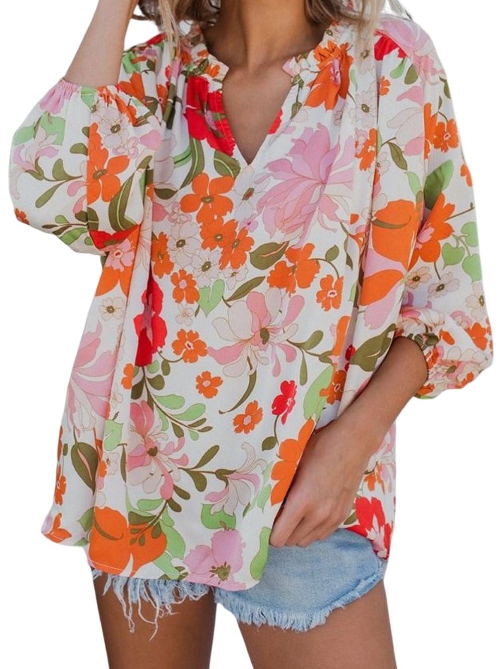 Floral Charm Frilled V-Neck Puff Sleeve Blouse