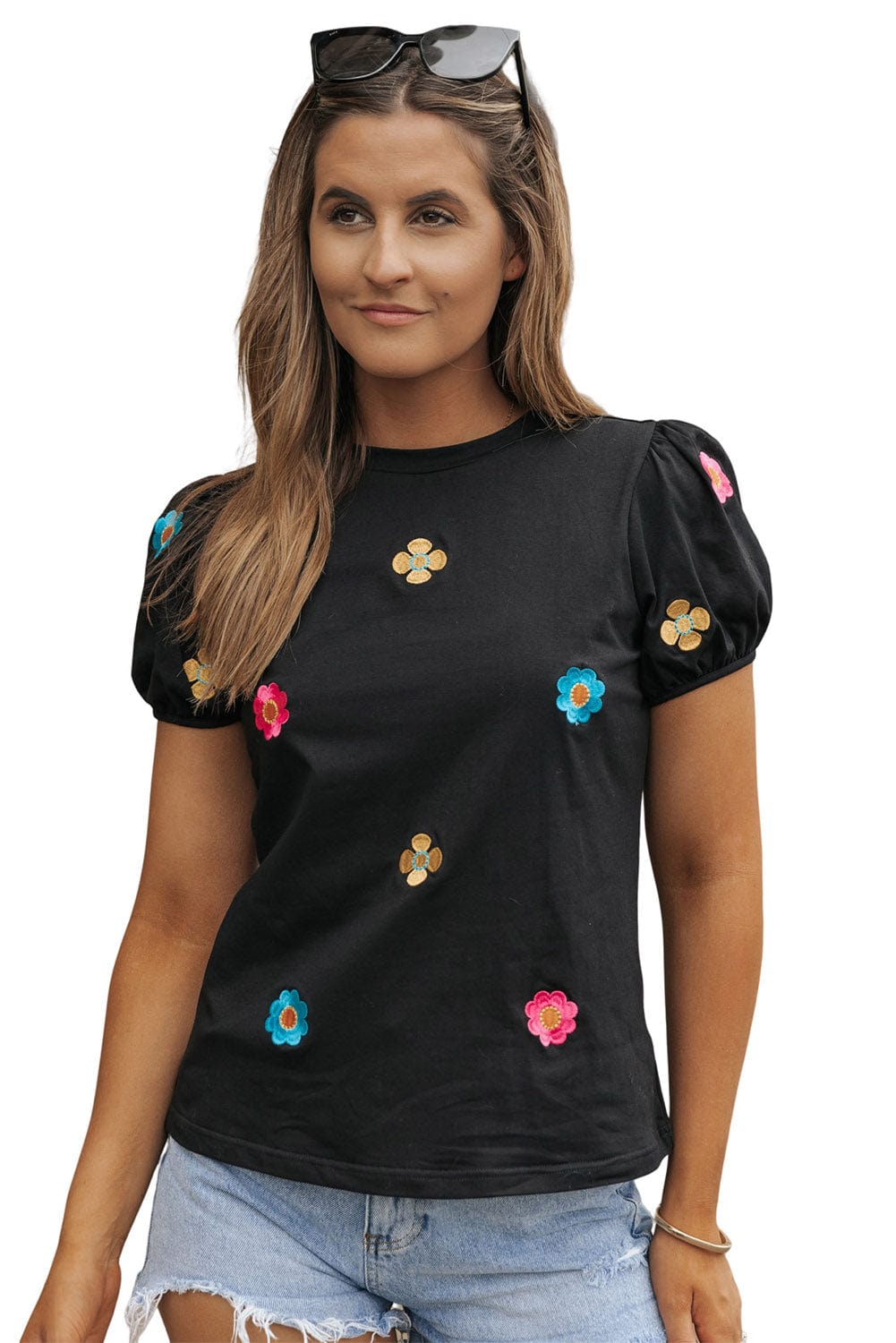 Floral Embroidered Black Puff Sleeve Tee