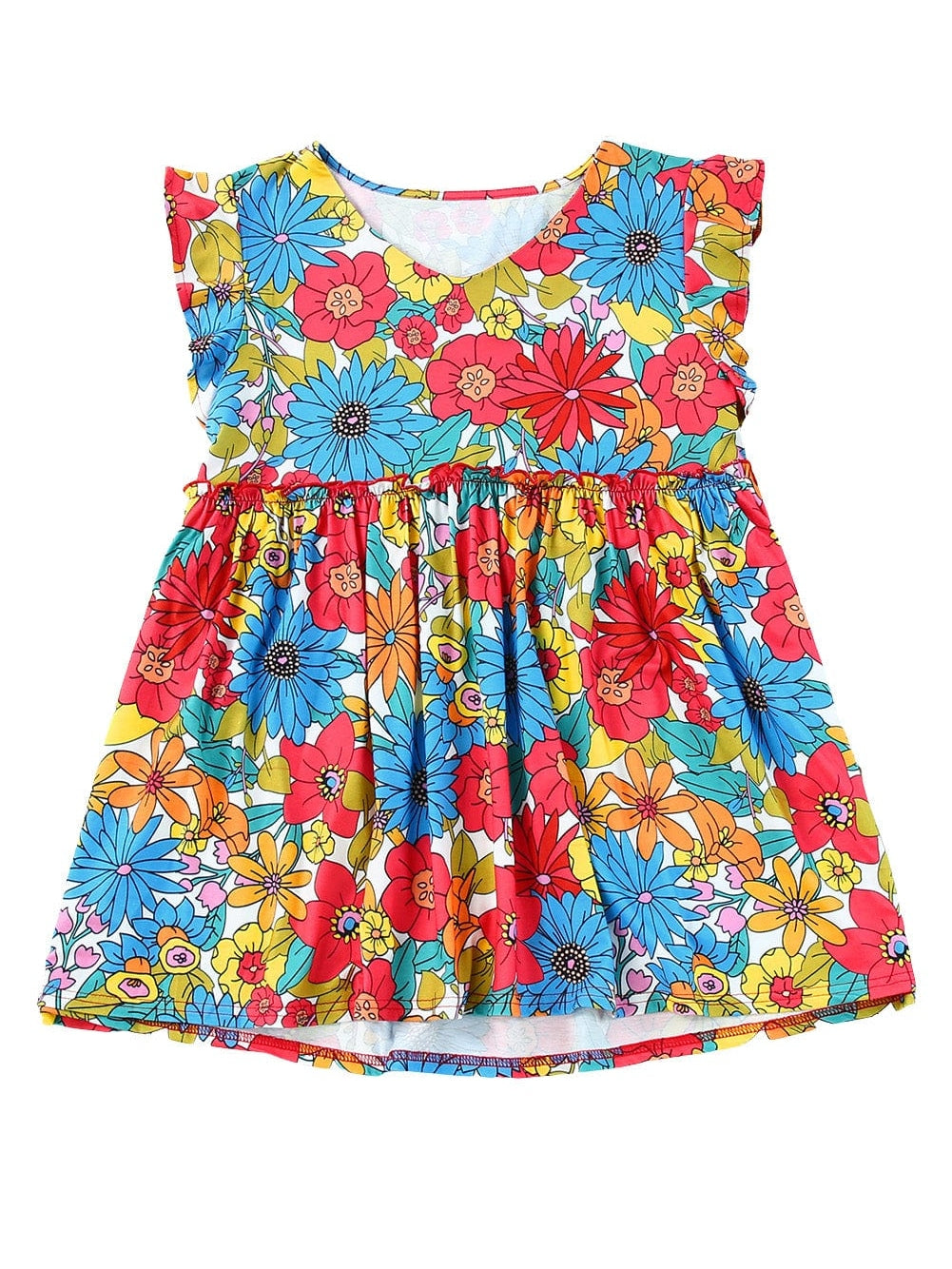 Floral Fiery Red Babydoll Top with V Neck Ruffles