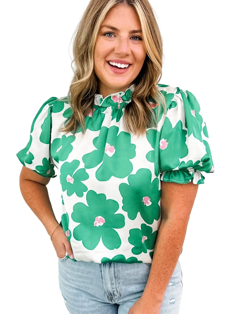 Floral Green Satin Puff Sleeve Ruffle Blouse