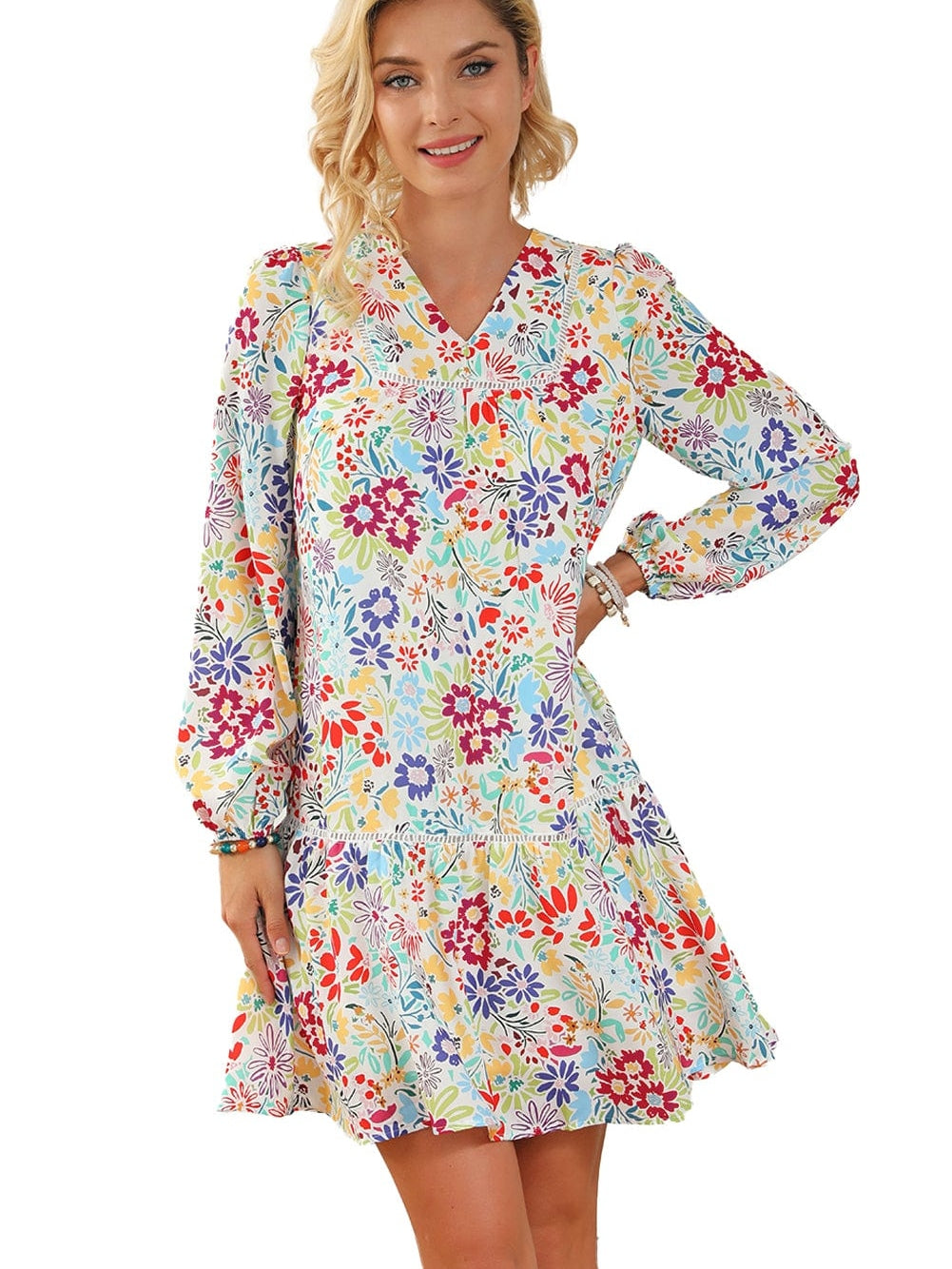 Floral Lace Eyelet V Neck Flared Mini Dress with Multicolor Print