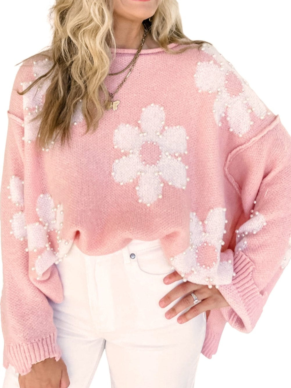 Floral Pearl Embellished Drop Shoulder Multicolor Sweater