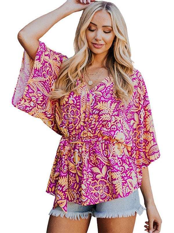 Floral Print Chiffon V-Neck Pullover with Three-Quarter Sleeves