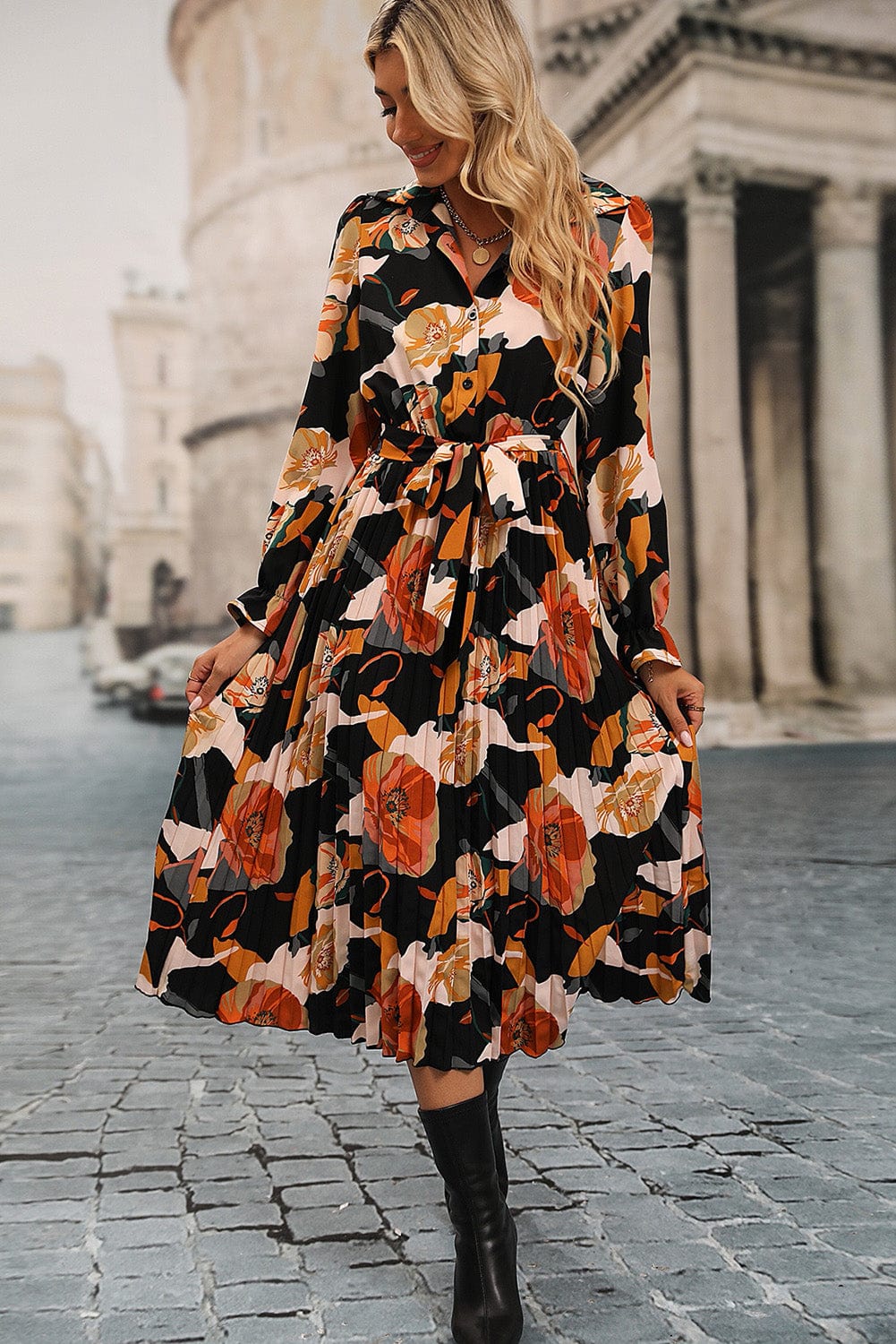 Floral Print Pleated Midi Shirt Dress with Waist Tie