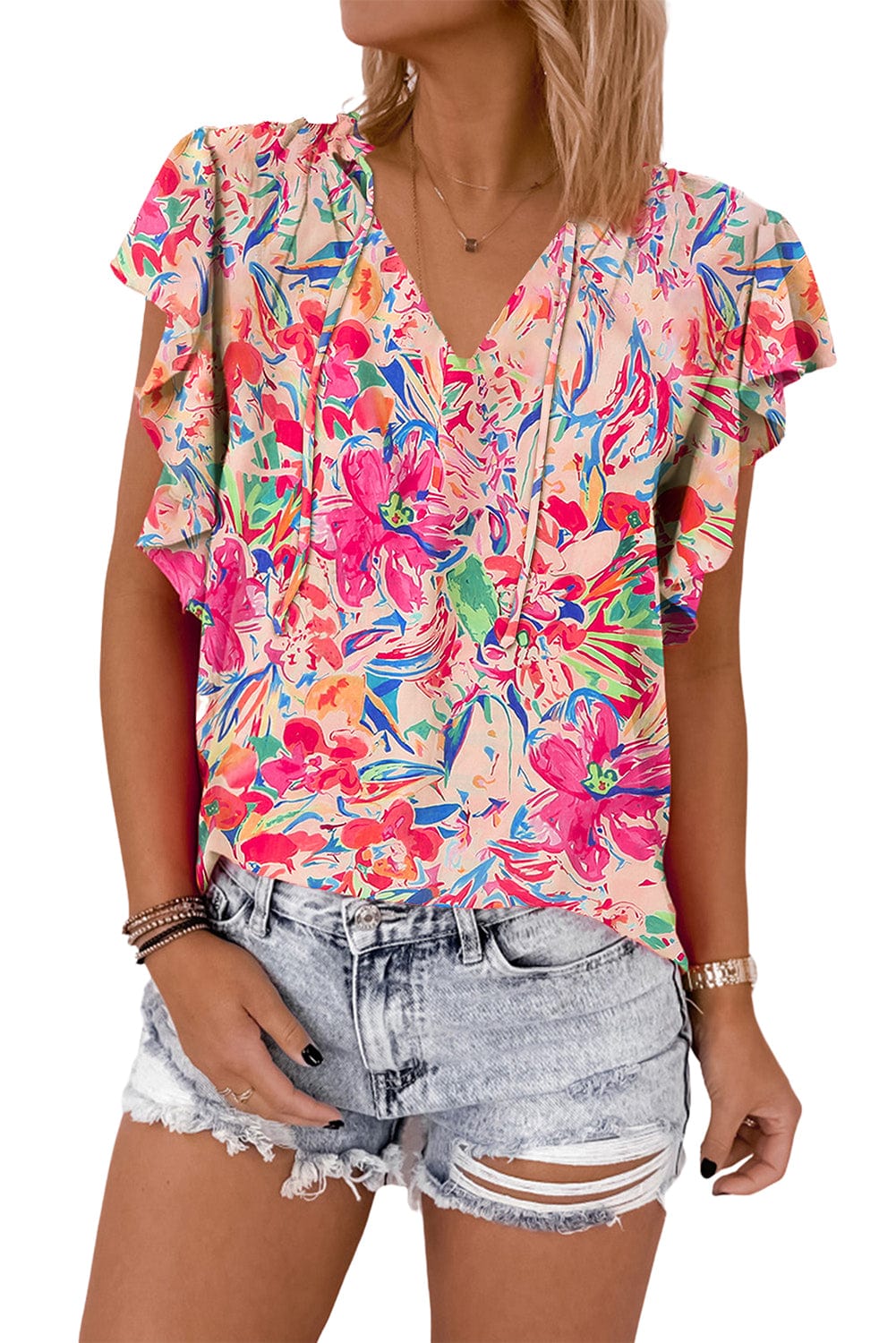Floral Print Ruffle Sleeve V Neck Summer Top