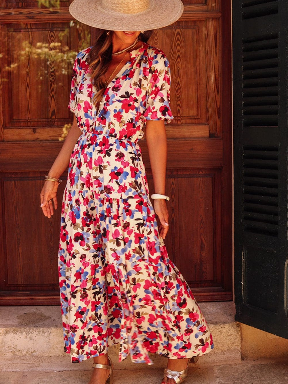 Floral Print V-Neck White Maxi Dress with Button Detail and Side Split