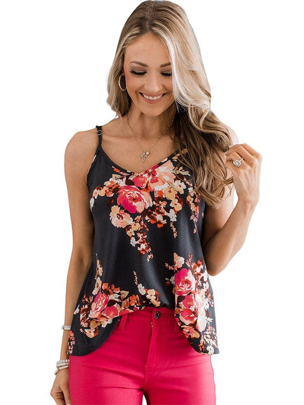 Floral Print Women's Vest with V-Neck and Spaghetti Straps in Various Sizes