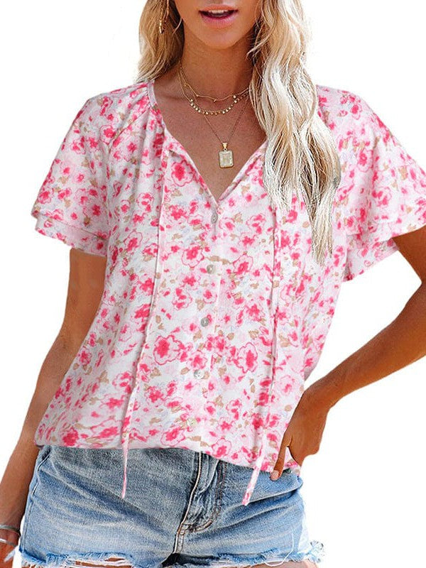 Floral Printed Chiffon V-Neck Short-Sleeved Top for Women