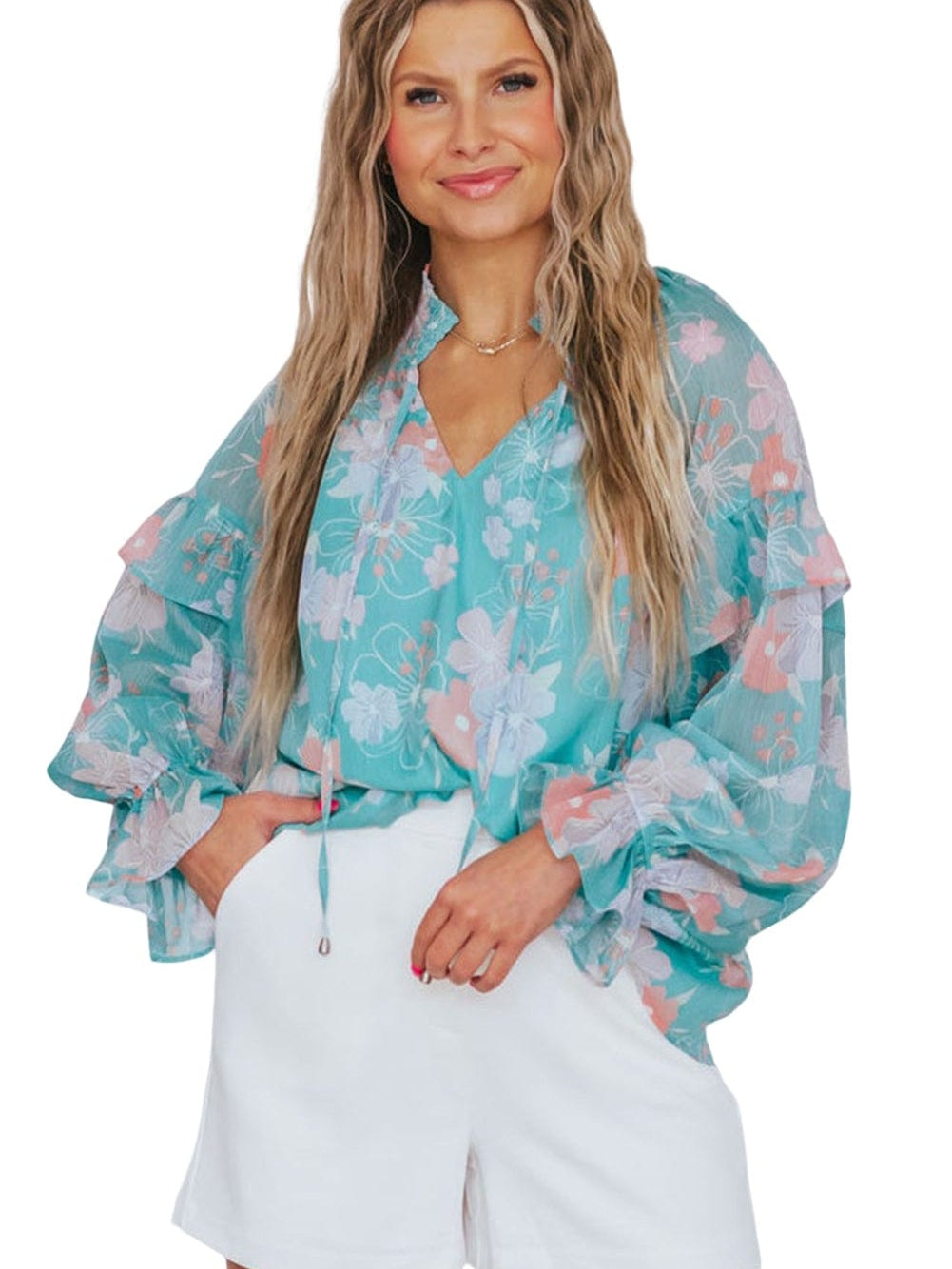 Floral Sky Blue Ruffled Puff Sleeve Blouse with Split Neck