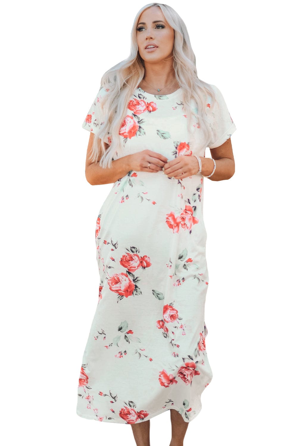 Floral White T-Shirt Dress with Side Slits