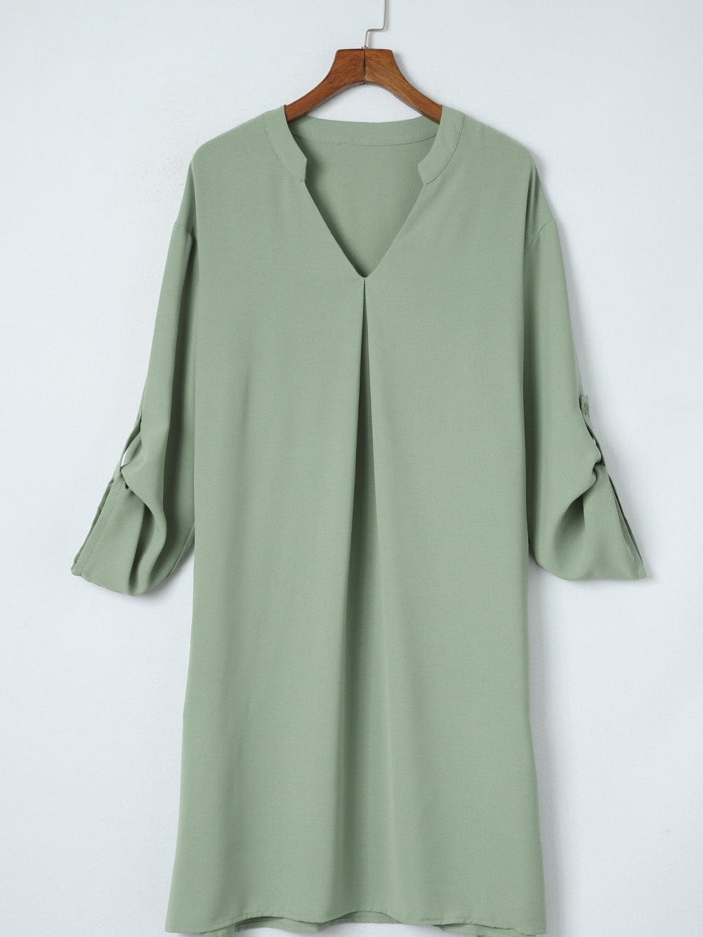 Flowy Green V-Neck Casual Dress with Roll-Tab Sleeves