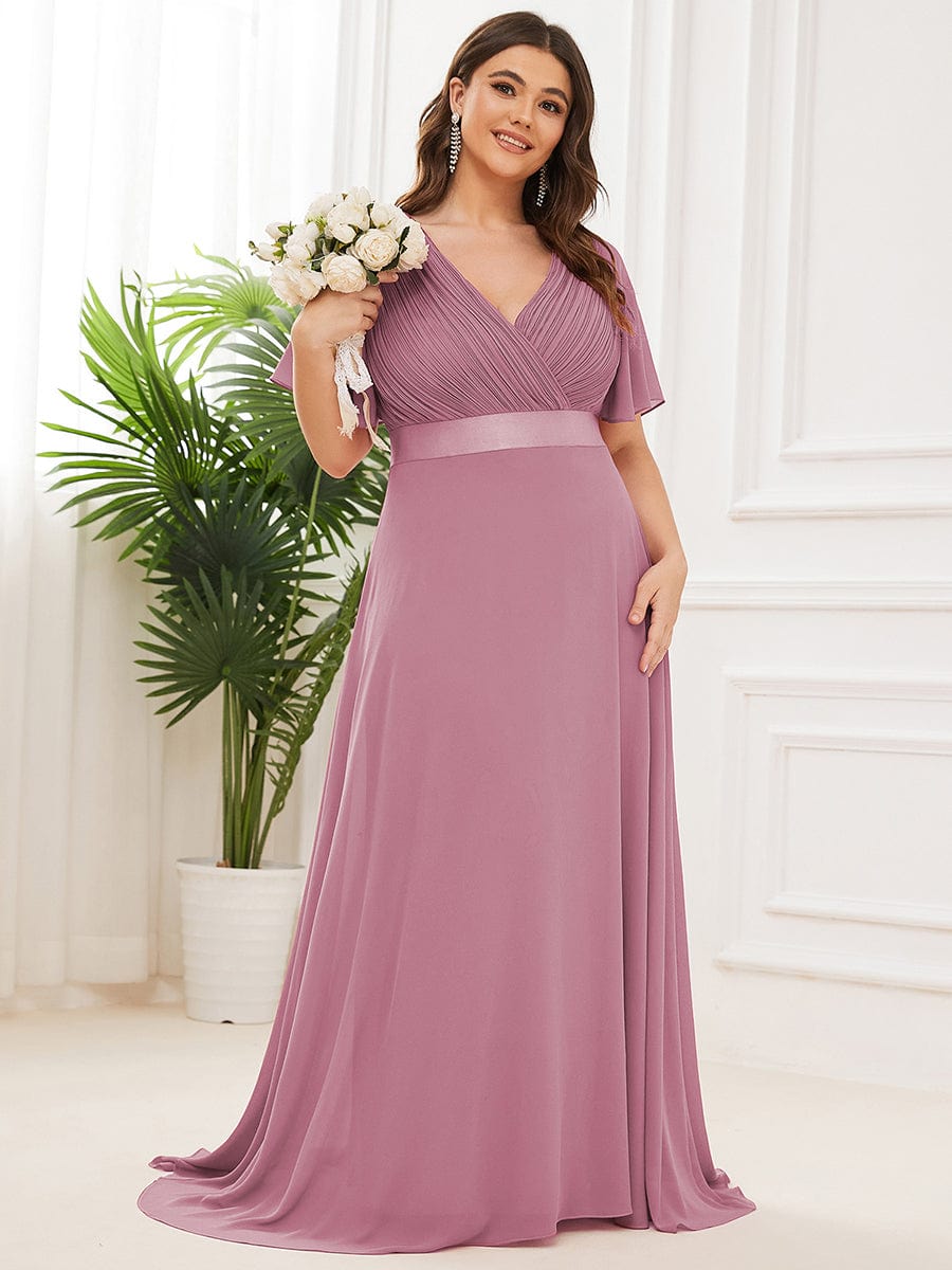 Flutter Sleeve Double V-Neck Plus Size Evening Gown with Ruffled Empire Waist