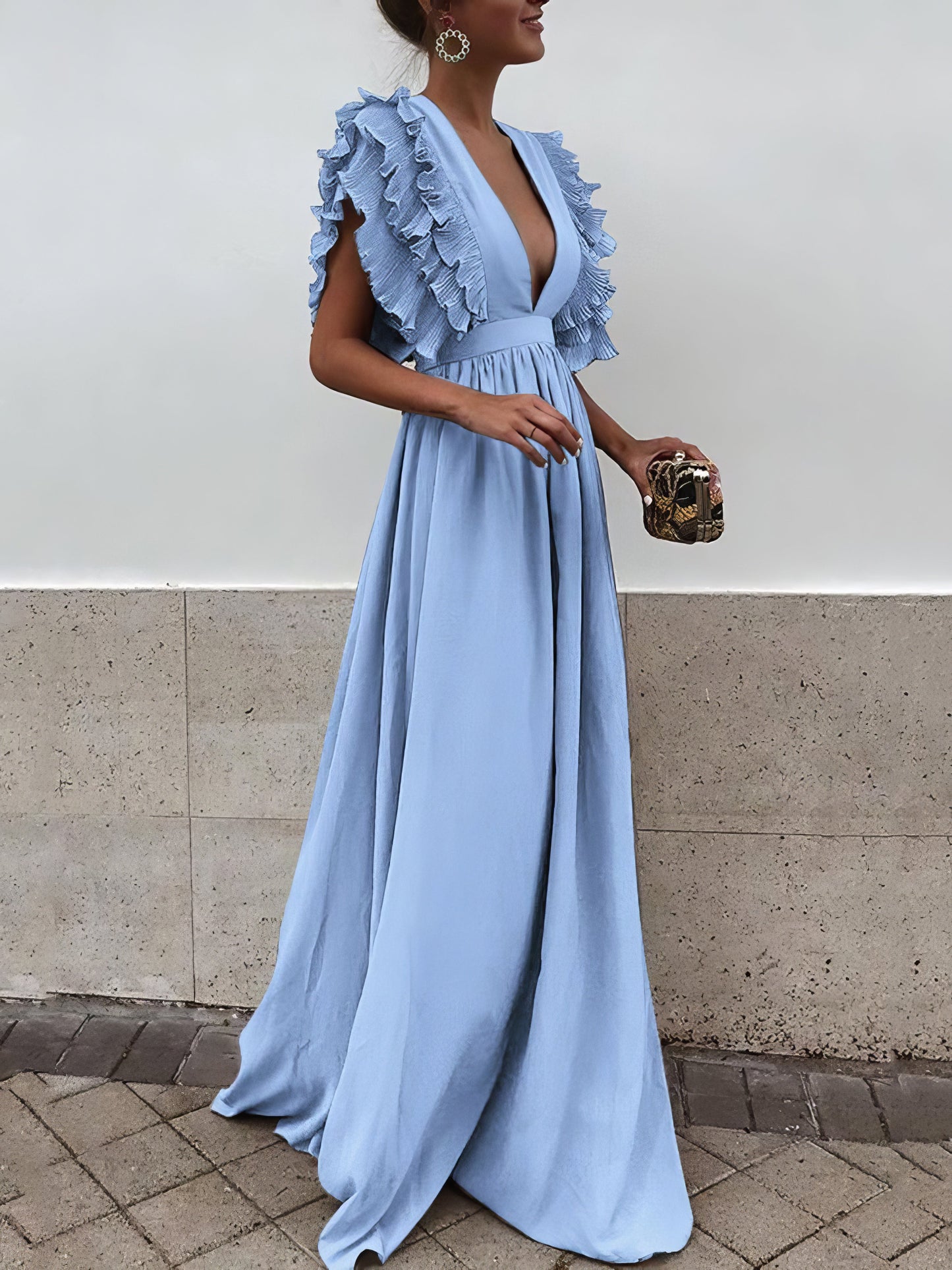 Maxi Dresses - Flying Sleeves V-neck Open Back Solid Long Flowy Dress - MsDressly
