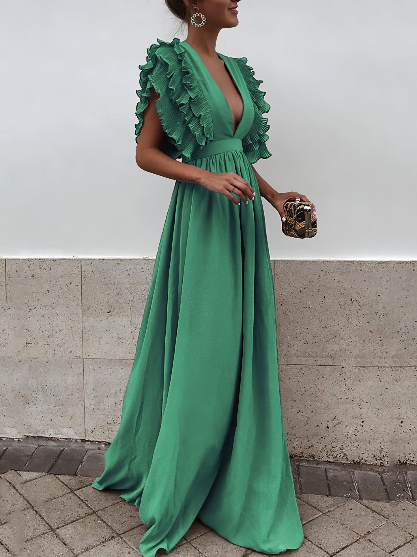 Maxi Dresses - Flying Sleeves V-neck Open Back Solid Long Flowy Dress - MsDressly