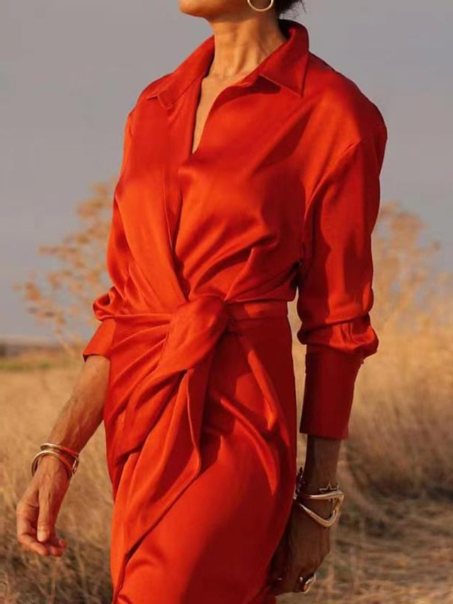 Women's Dress - Shirt Dress Party Dress Shift Dress Long Dress Maxi Dress Black Red Blue Long Sleeve Pure Color Lace up Summer Spring V Neck Elegant Party Winter Dress Evening Party 2023 S M L XL XXL