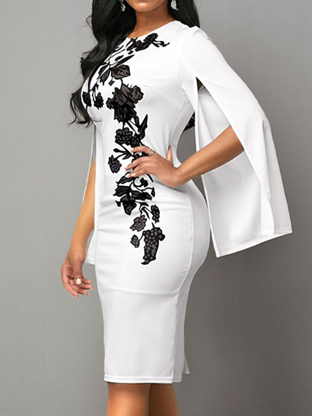 Women's Dress - Bodycon Sheath Dress Church Dress Midi Dress Black White Long Sleeve Floral Split Summer Spring Crew Neck Stylish Winter Dress Fall Dress 2023 S M L XL XXL