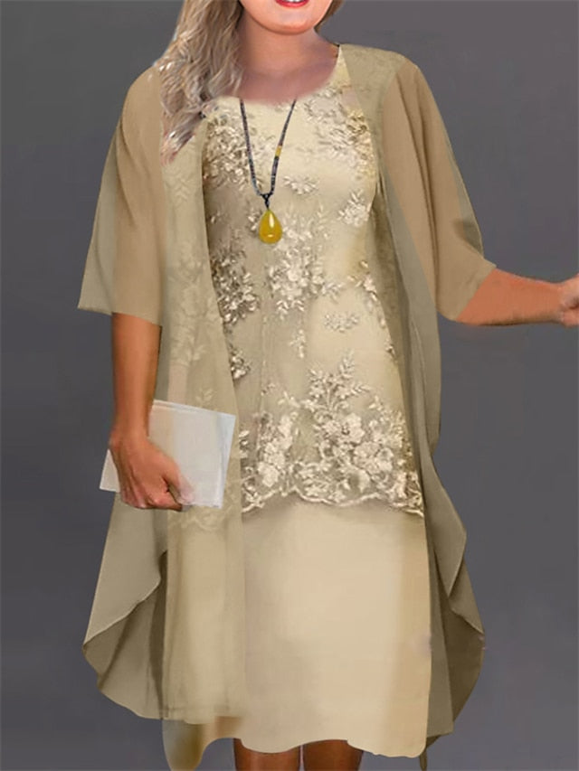 Women's Dress - Plus Size Casual Dress Floral Crew Neck Lace Half Sleeve Spring Fall Casual Midi Dress Daily Holiday Dress
