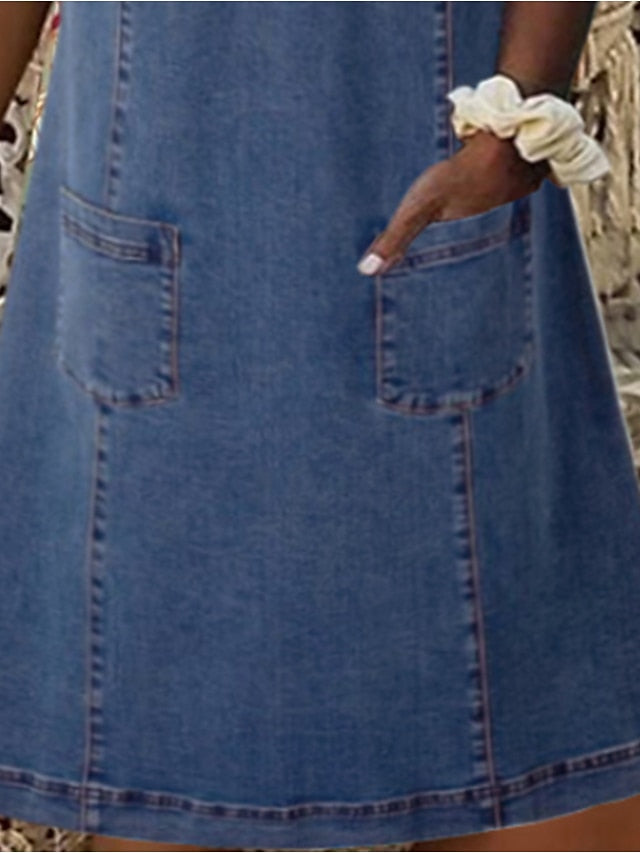 Women's Dress - Denim Dress Casual Dress Midi Dress Denim Sexy Casual Daily Vacation Split Neck Ruched Pocket Short Sleeve Summer Spring 2023 Regular Fit Blue Pure Color S M L XL XXL