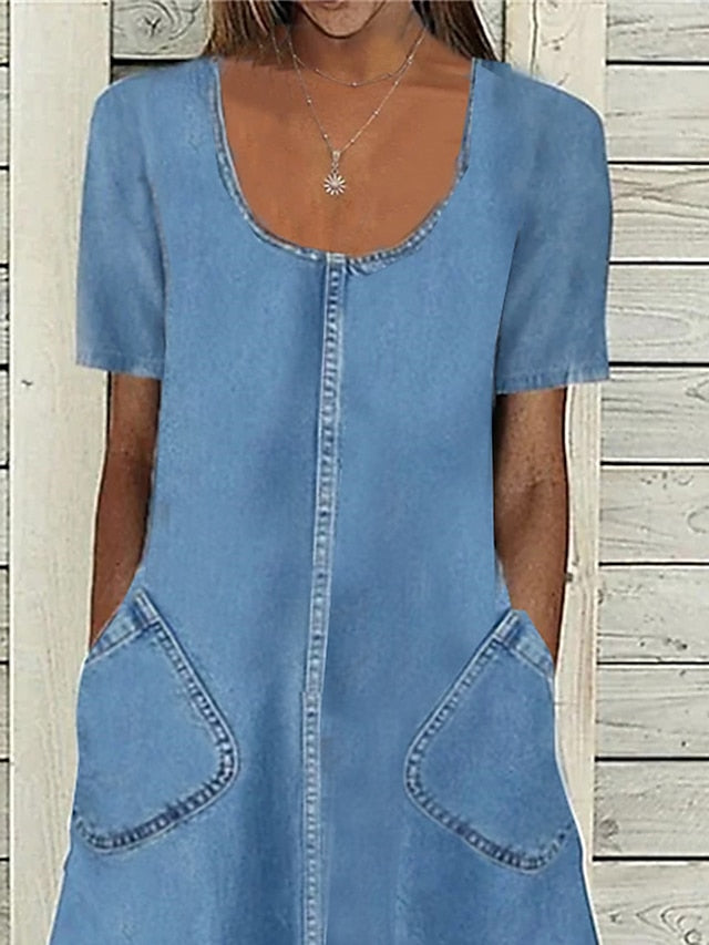 Women's Dress - Denim Dress Casual Dress Midi Dress Denim Classic Casual Outdoor Daily Vacation U Neck Lace Pocket Short Sleeve Summer Spring 2023 Regular Fit Blue Plain S M L XL 2XL