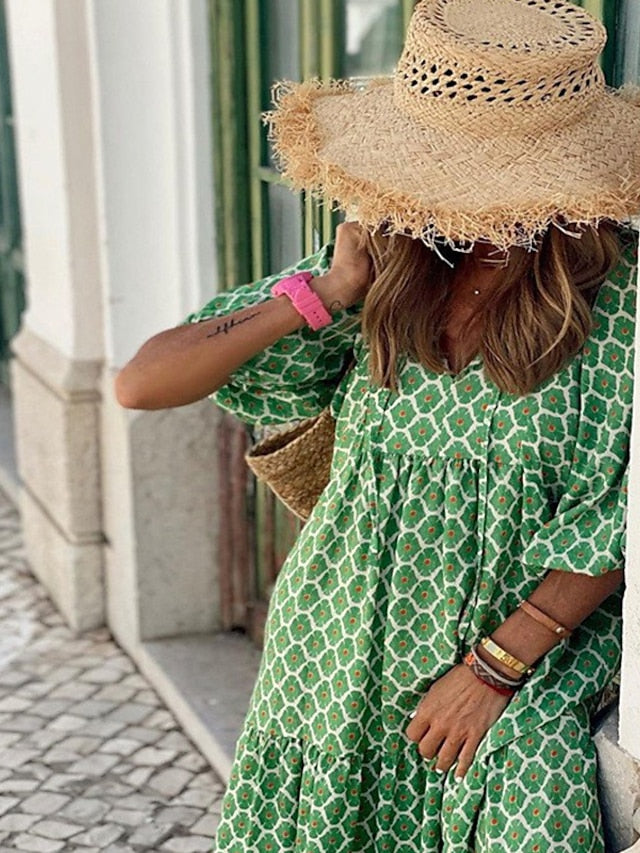 Women's Dress - Casual Dress Swing Dress Long Dress Maxi Dress Wine Blue Dark Green 3/4 Length Sleeve Floral Print Summer Spring Fall V Neck Fashion Vacation Fall Dress Summer Dress Regular Fit 2023 S M L XL
