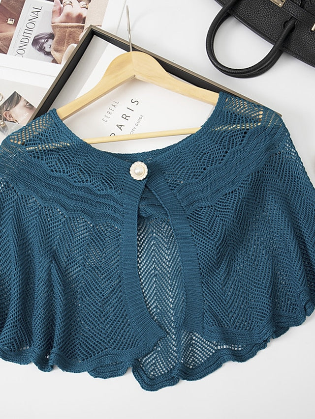 Women's Shrug Jumper Crochet Knit Cropped Button Hole Solid Color Crew Neck Shrugs Stylish Outdoor Daily Summer Spring Black White One-Size - LuckyFash™
