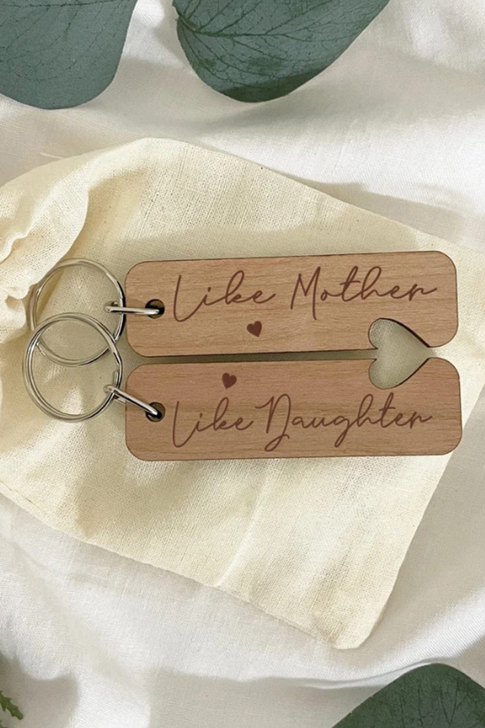 French Beige Mother-Daughter Heart Wooden Keychain Set