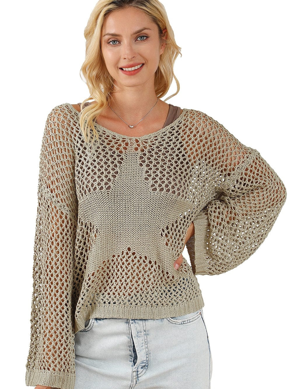French Beige Star Pointelle Knit Oversized Sweater