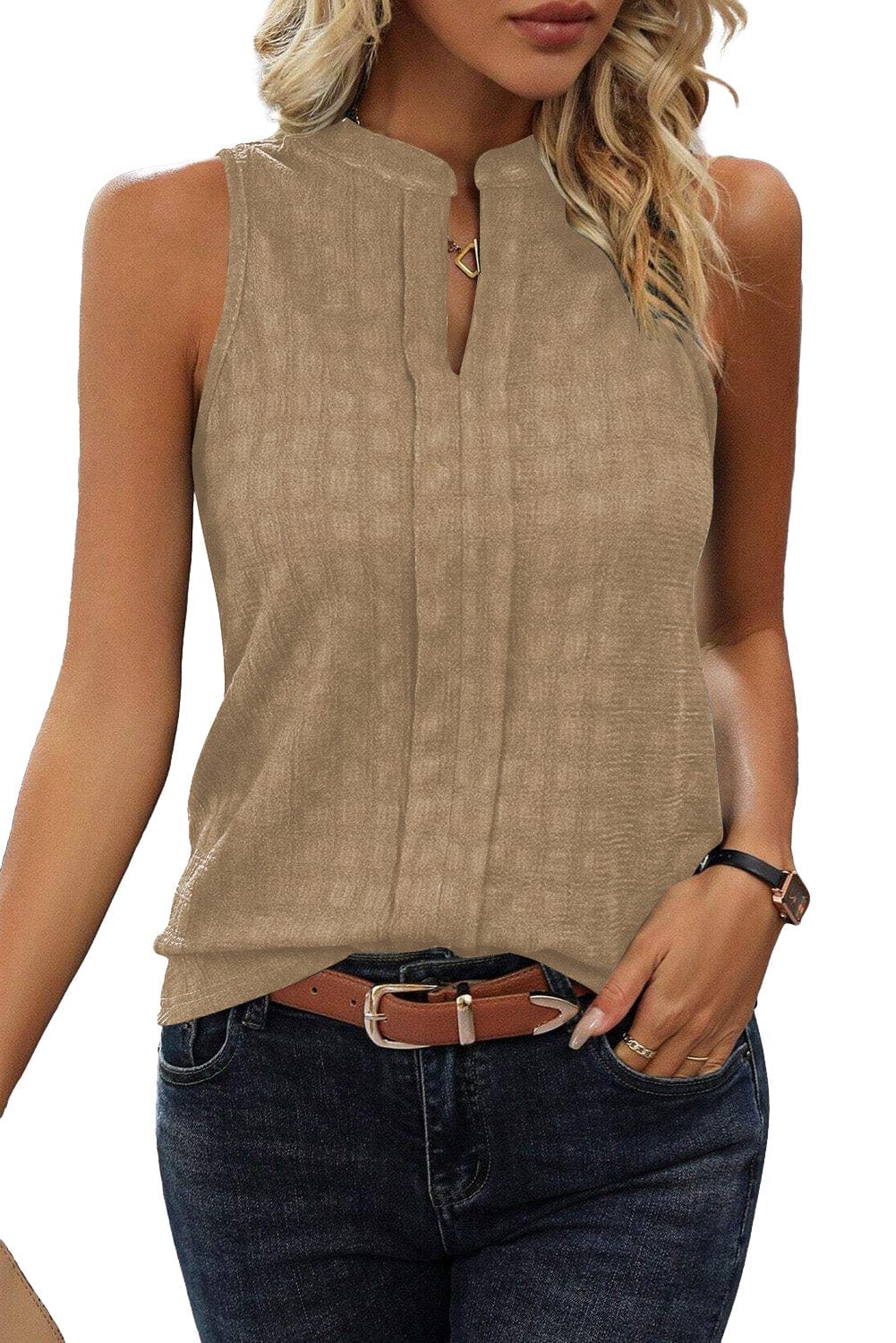 French Beige Textured Sleeveless Split Neck Tank Top