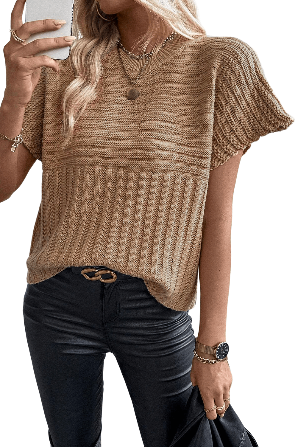 French Beige Wide Sleeve Rib Knit Sweater Top